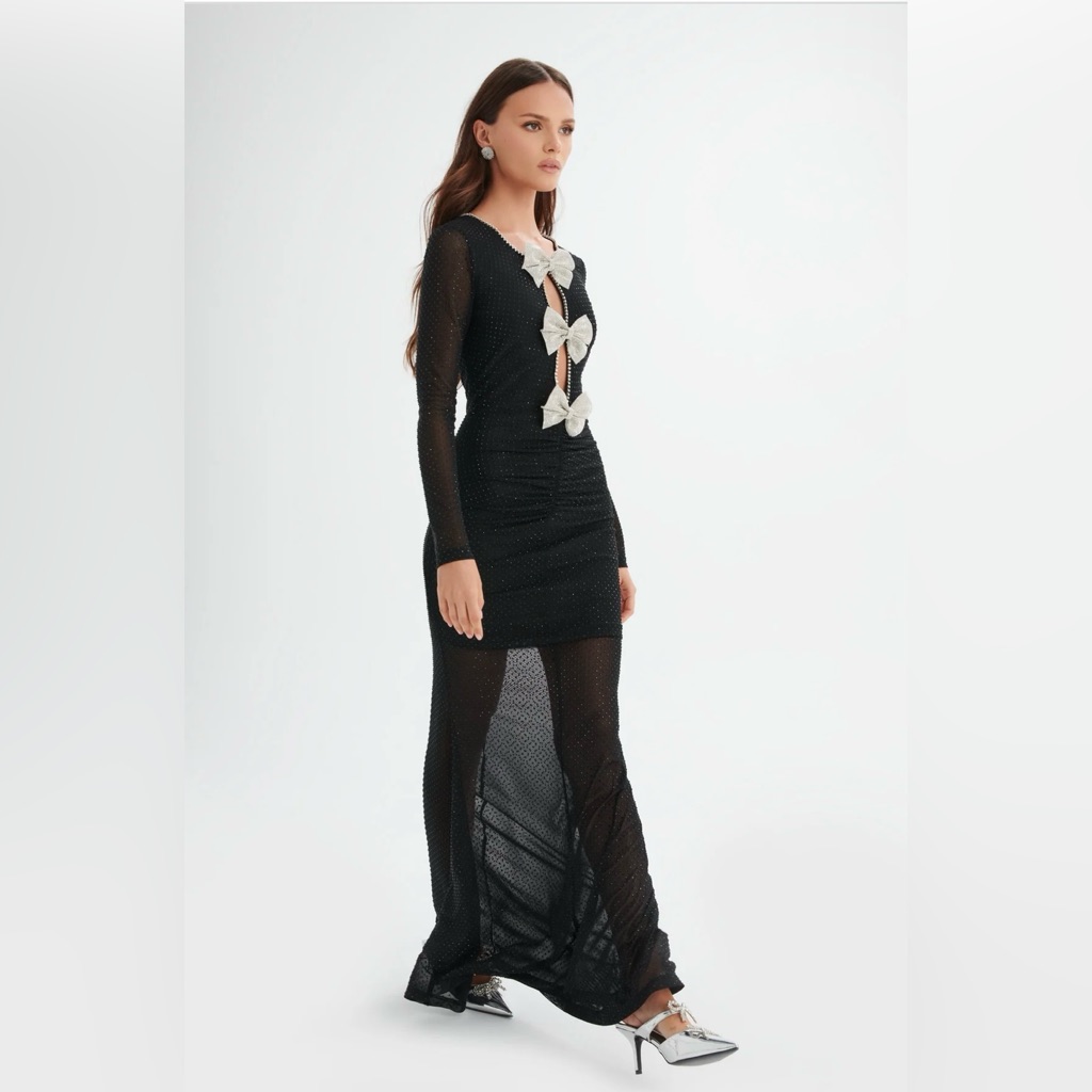 Lavish Alice Black Long Sleeve Dress With Silver Bow Accents